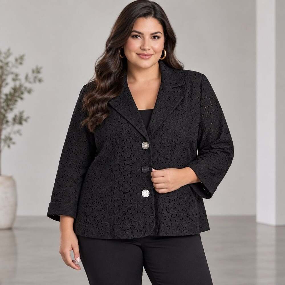 Eci Woman Blazer Size 20W Black Eyelet Floral Button Jacket